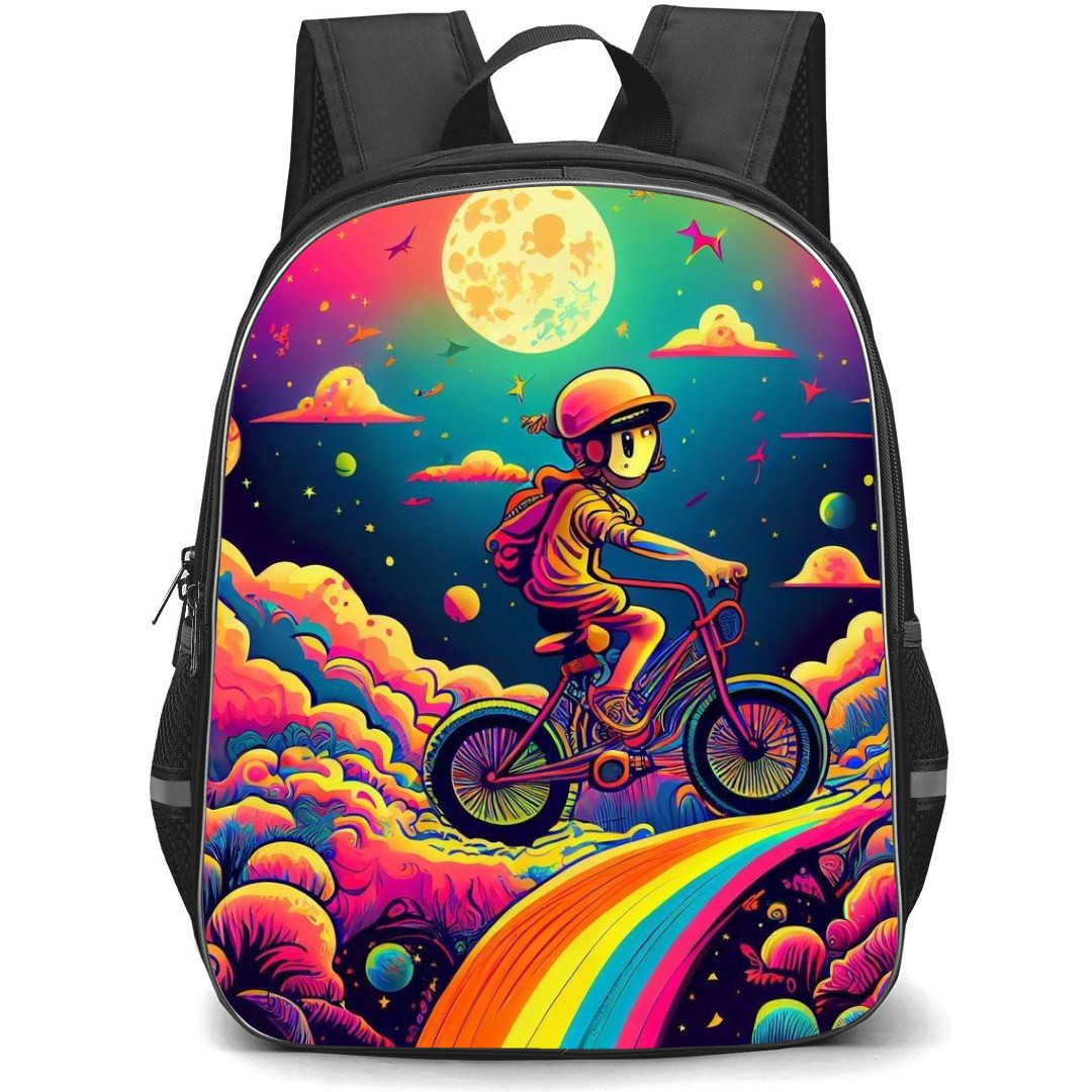 Pop Art Pattern Backpack StudentPack - Boy Biking in the Rainbow Clouds