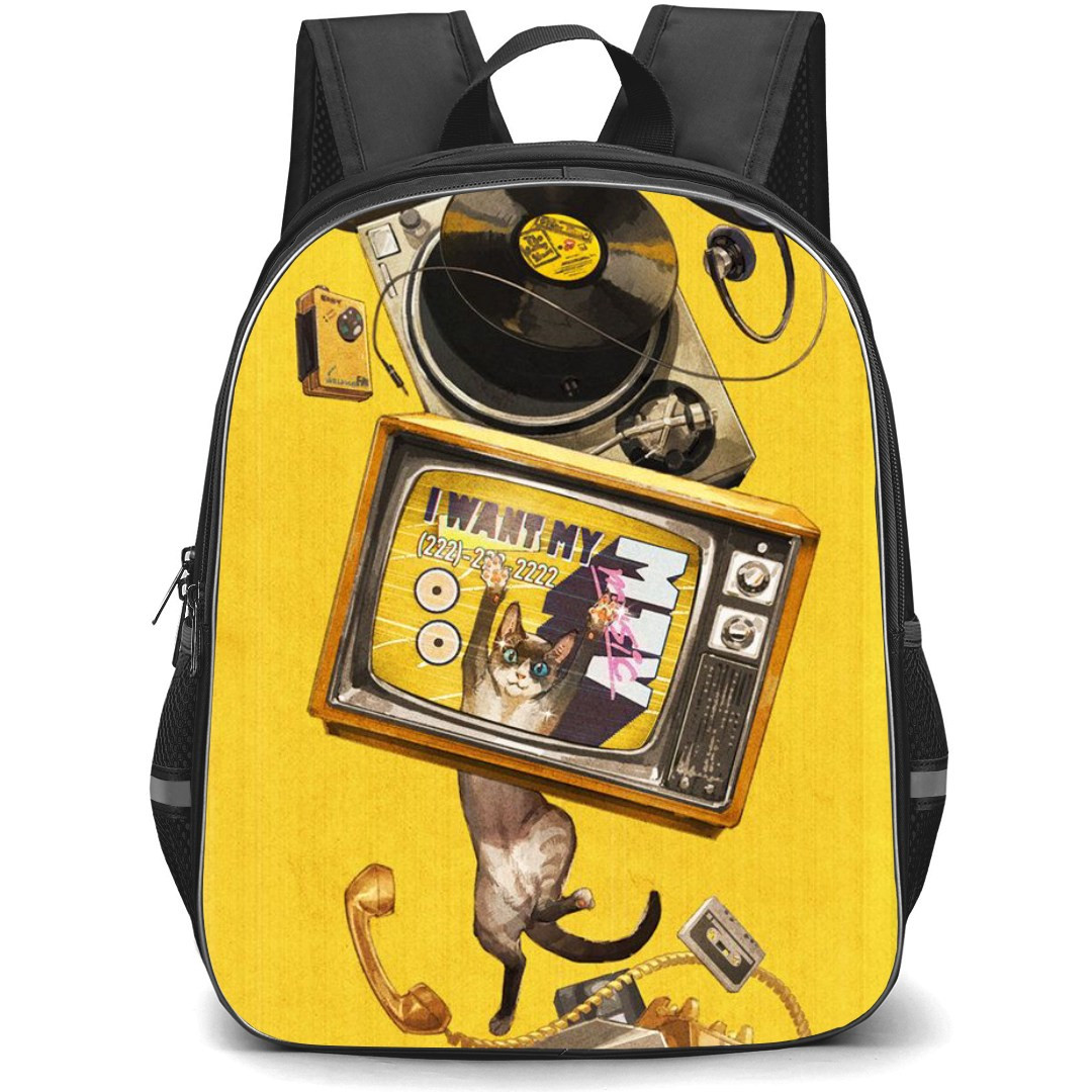 Pop Art Pattern Backpack StudentPack - Cat Jumping on VHS Player