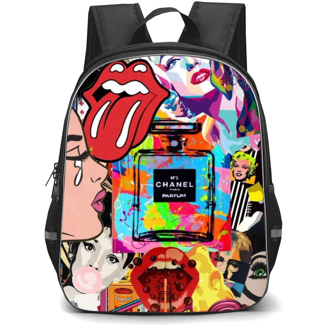 Pop Art Pattern Backpack StudentPack - Chanel no5 Parfum Women Collage