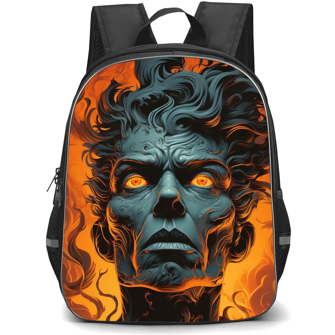 Pop Art Pattern Backpack StudentPack - Flaming Head AI Art Orange Background