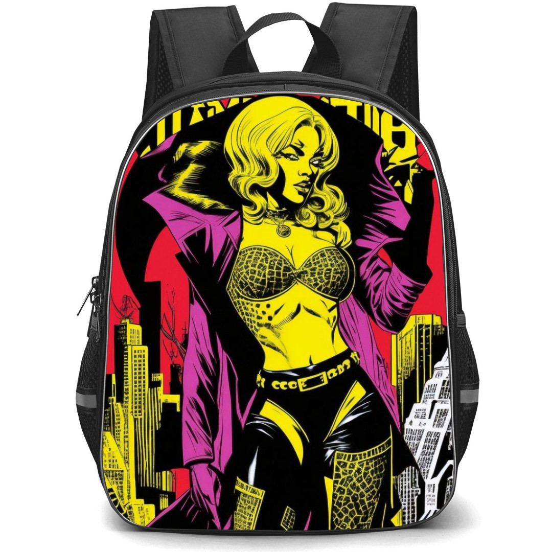 Pop Art Pattern Backpack StudentPack - Girl Leather Pants Yellow City Background