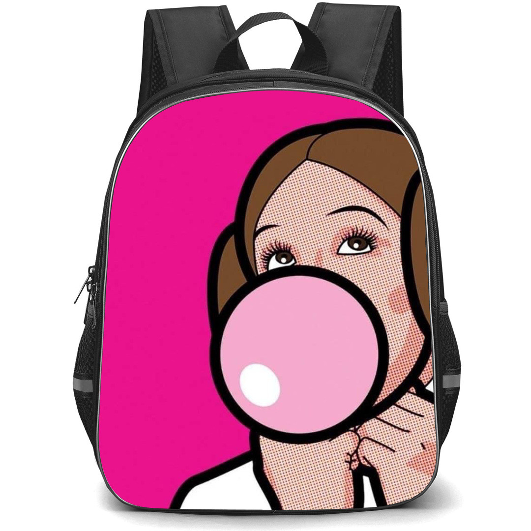 Pop Art Pattern Backpack StudentPack - Girl Popping Pink Bubble Gum
