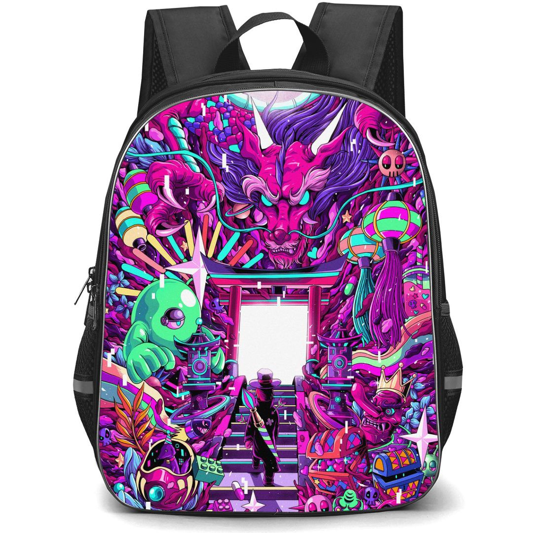 Pop Art Pattern Backpack StudentPack - Magician Man Entering Door Portal Pink and Purple Hue