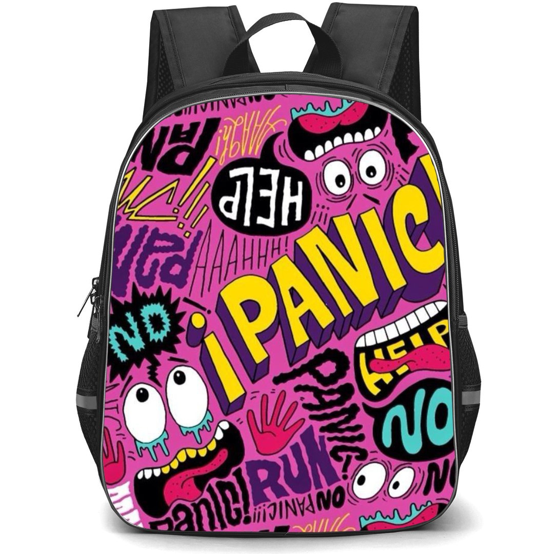 Pop Art Pattern Backpack StudentPack - Panic Help Run Pink Background