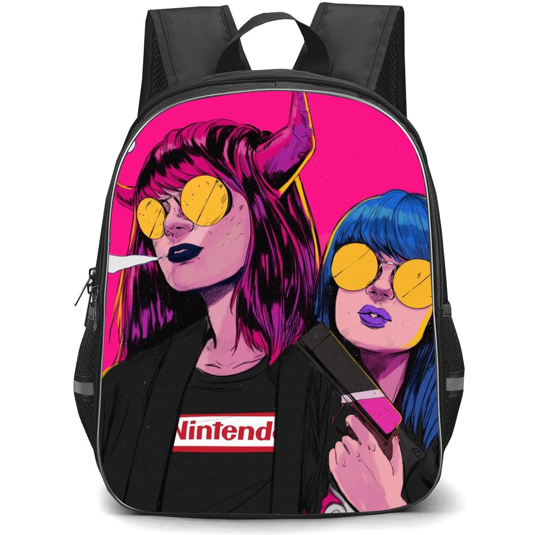 Pop Art Pattern Backpack StudentPack - Pointing Gun to Another Girl Pink Background
