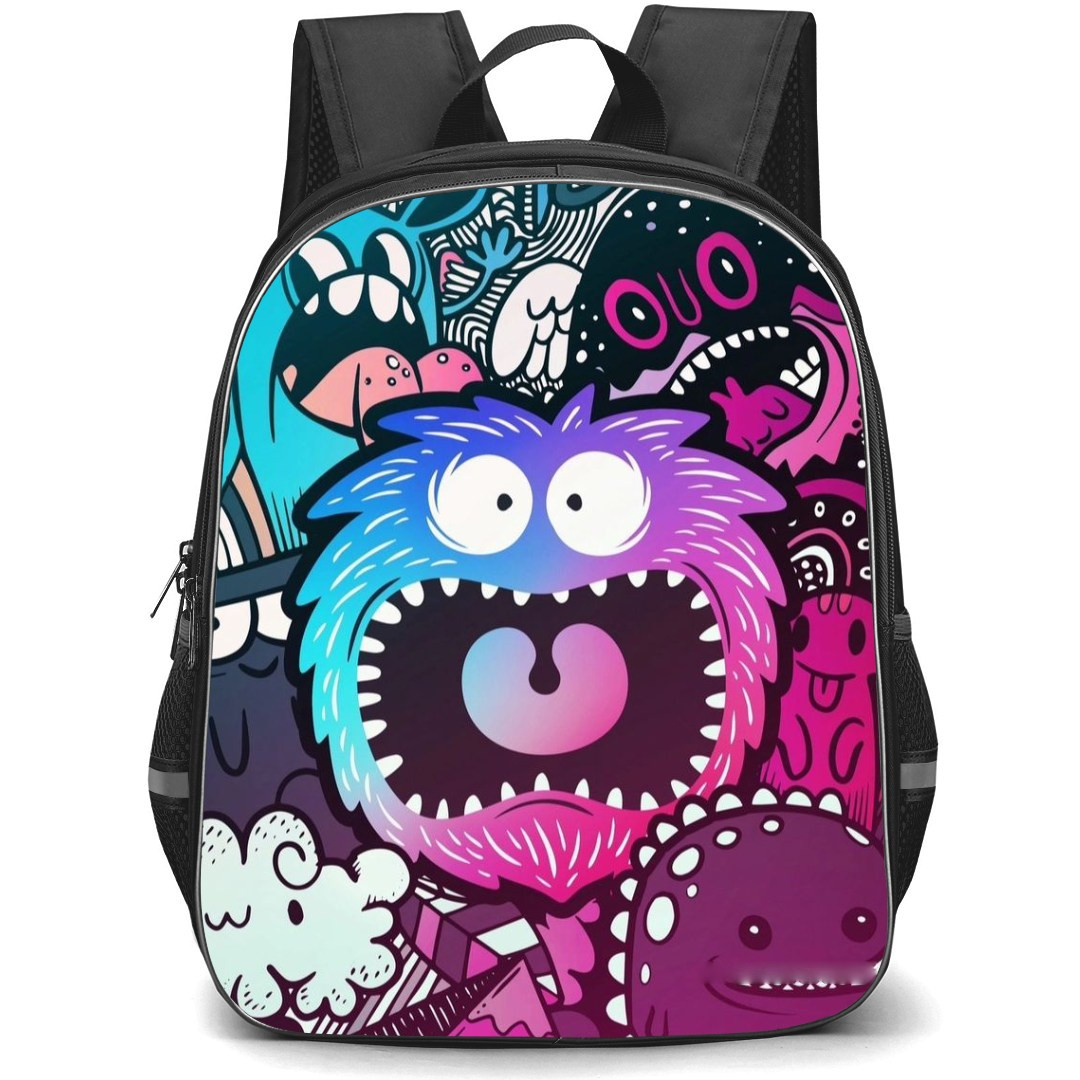 Pop Art Pattern Backpack StudentPack - Shouting Doodle Monsters Aqua Pink Hue