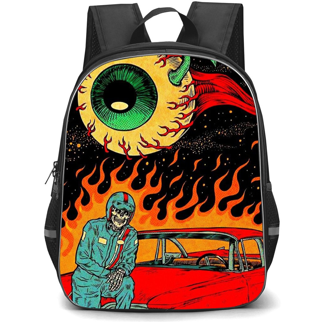 Pop Art Pattern Backpack StudentPack - Skeleton Driver Red Burning Car