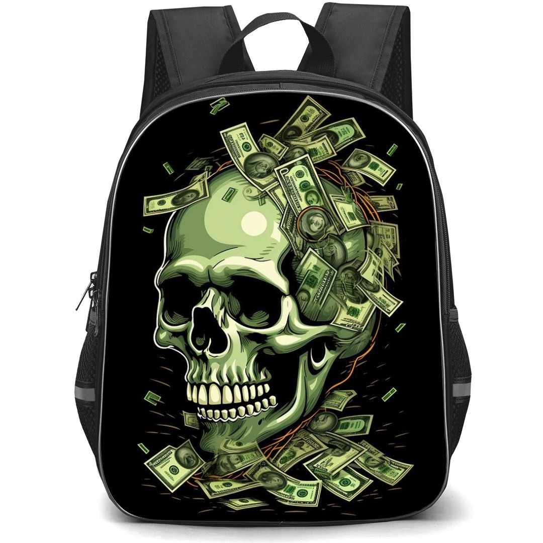 Pop Art Pattern Backpack StudentPack - Skull with Money in the Head Black Background