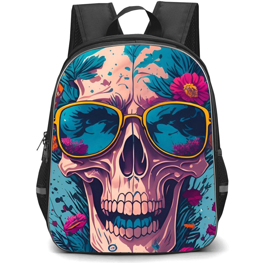 Pop Art Pattern Backpack StudentPack - Skull with Sunglasses Growing Flowers