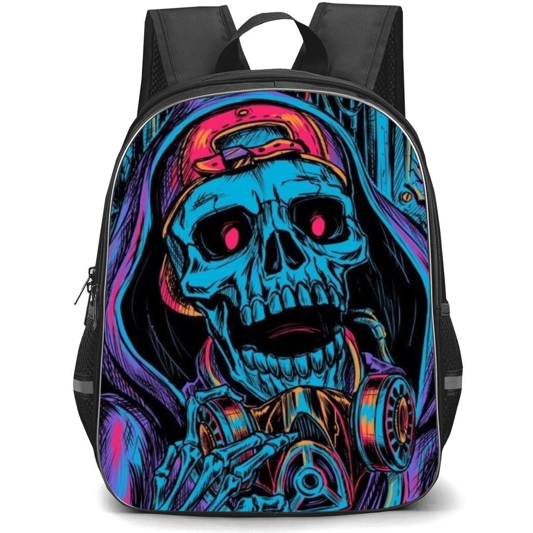Pop Art Pattern Backpack StudentPack - Skull in a Hoodie with Gas Mask Blue Hues