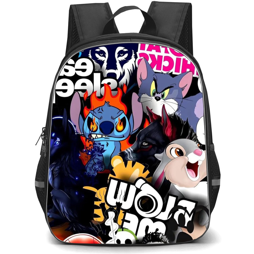 Pop Art Pattern Backpack StudentPack - Stitch Flaming Angry Cartoons Collage
