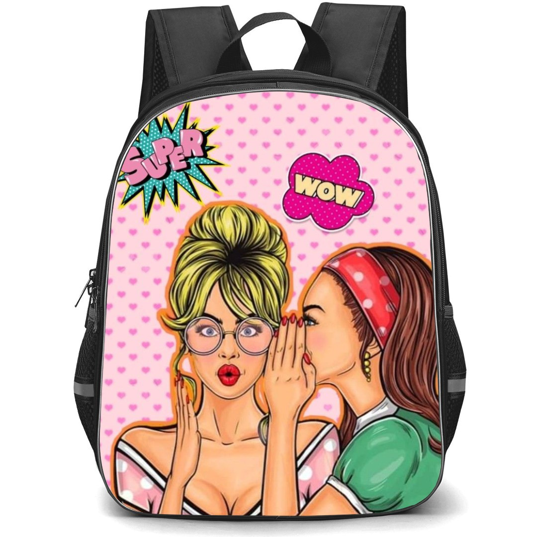 Pop Art Pattern Backpack StudentPack - Women Whispering Gossip Pink Background