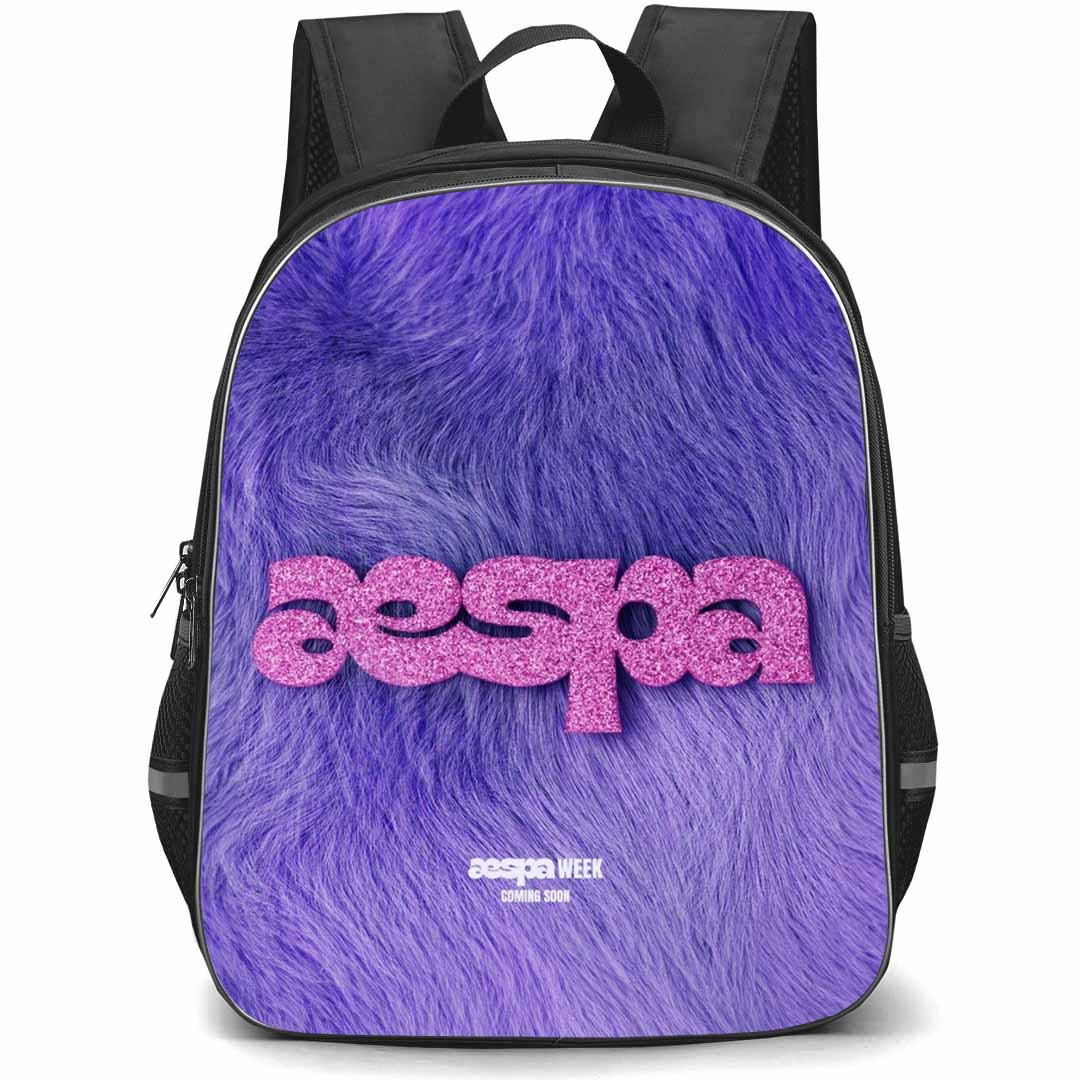 Aespa Backpack StudentPack - Aespa Glitter Logo On Purple Fluffy Wool