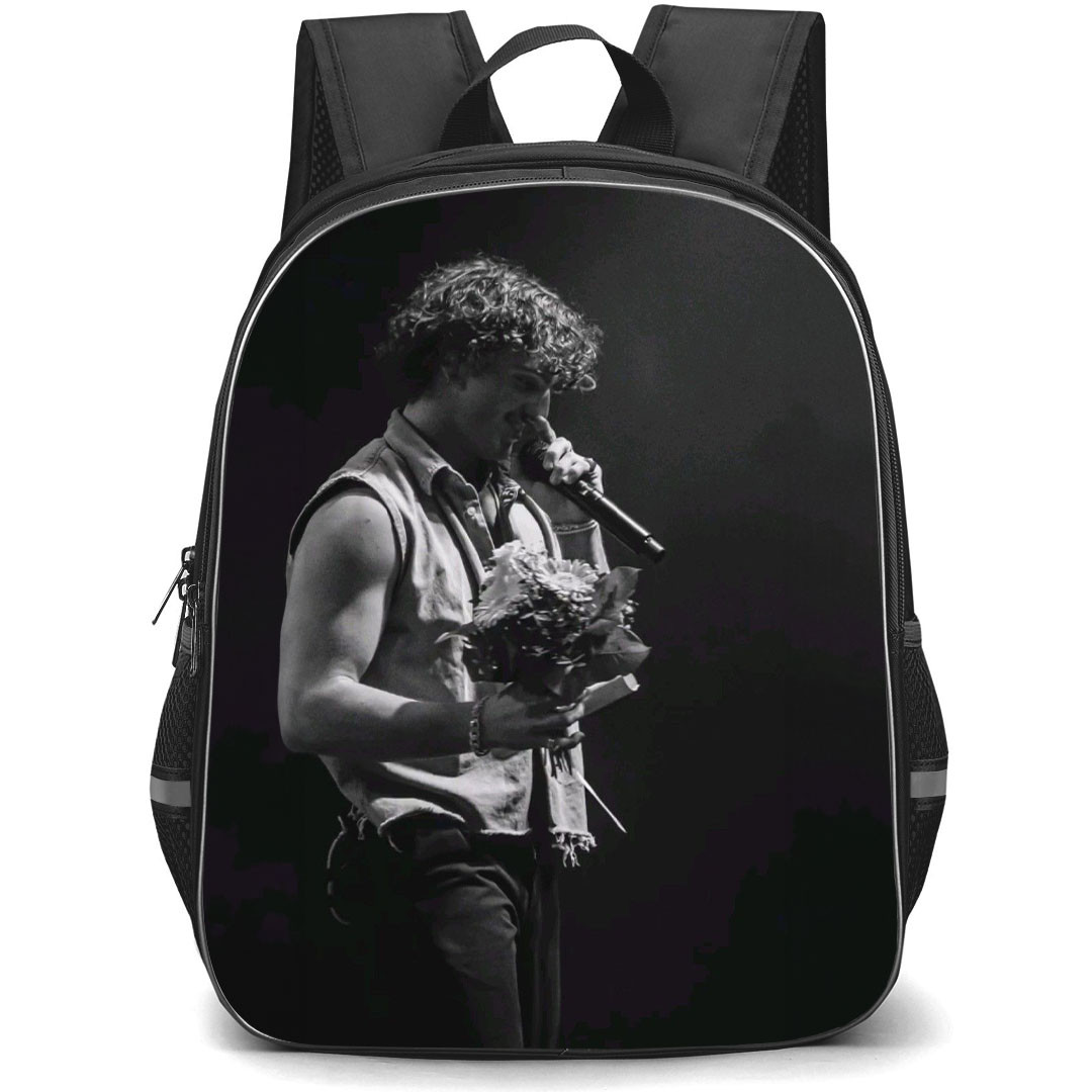 Benson Boone Backpack StudentPack - Benson Boone Singing And Holding Flower Grayscale Poster