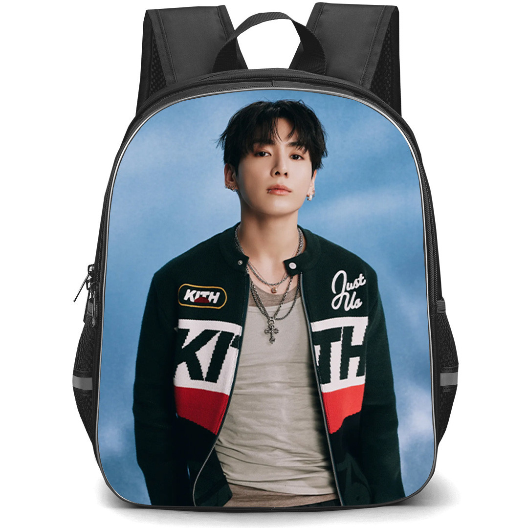 BTS Jung Kook Backpack School Bag StudentPack - Jung Kook KITH Varsity Jacket Cross Necklace Blue Sky Background