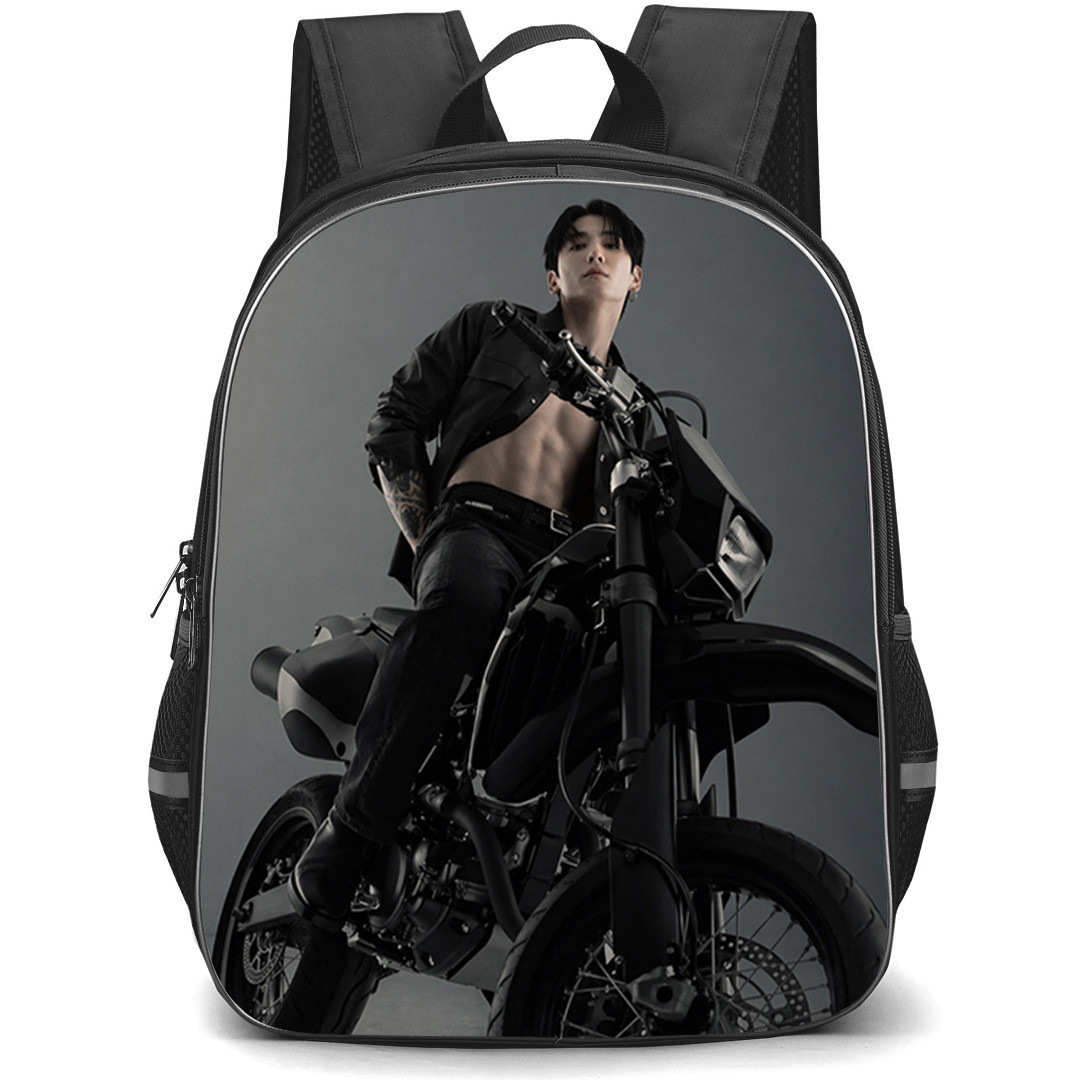 BTS Jung Kook Backpack School Bag StudentPack - Jung Kook Ride Black Bike Aesthetic Poster