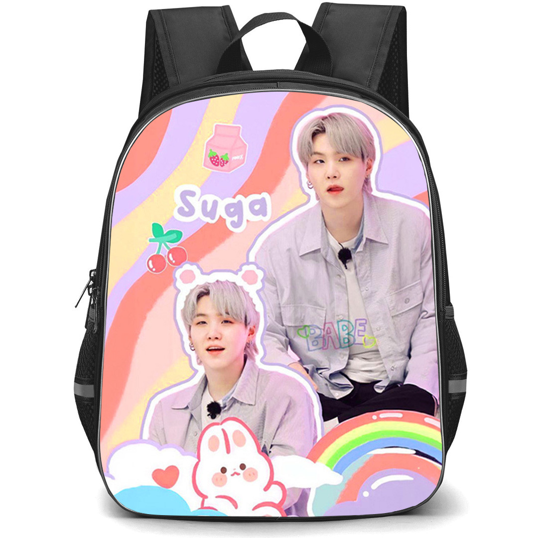 BTS SUGA Backpack School Bag StudentPack - SUGA Cute Rainbow Cherry Collage Poster