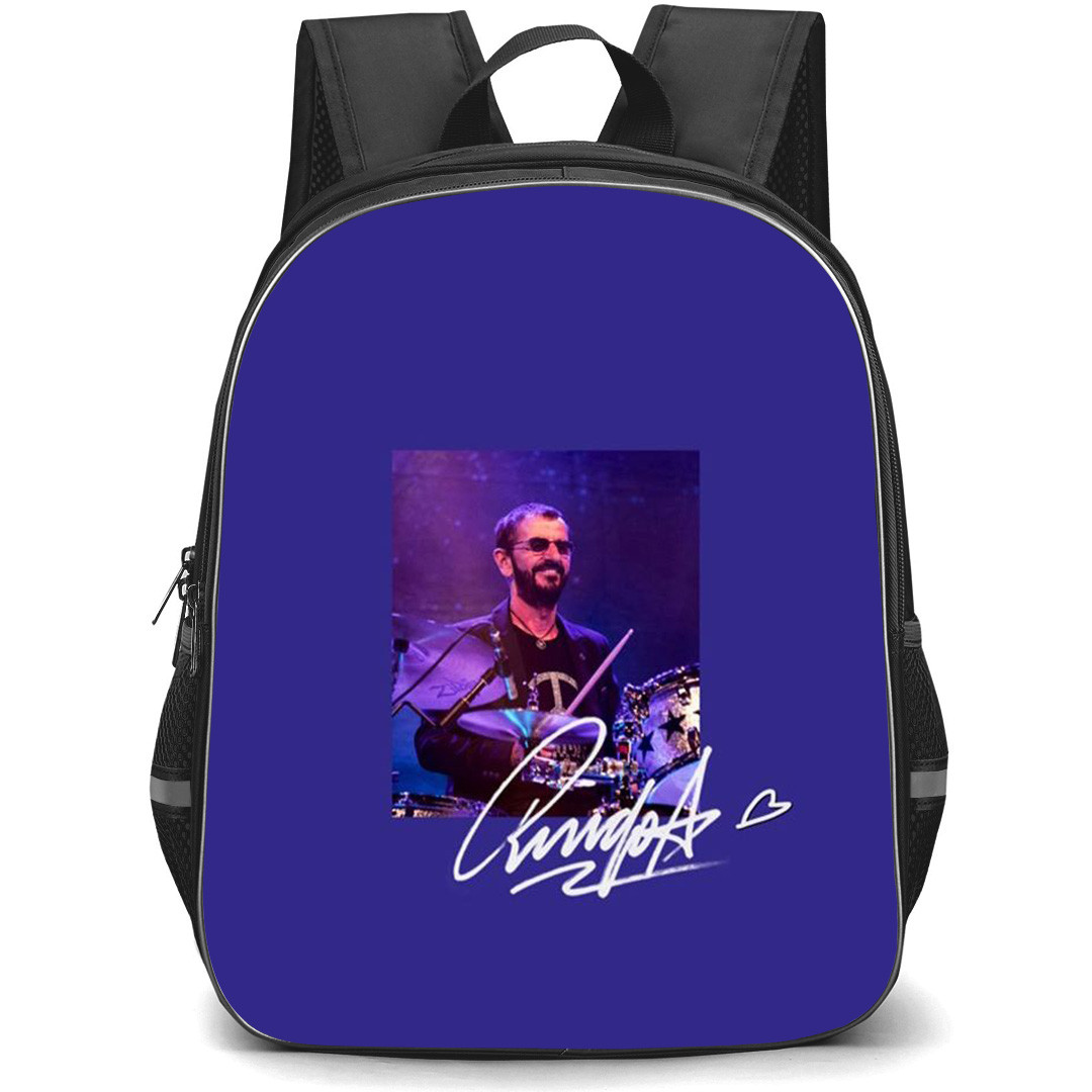 The Beatles Ringo Starr Backpack StudentPack - The Beatles Ringo Starr Playing Drums Picture With Sign On Blue Background