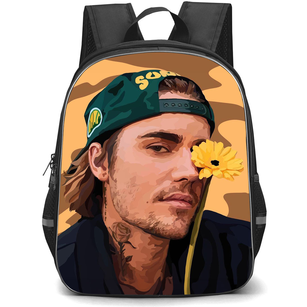 Justin Bieber Backpack StudentPack - Justin Bieber Portrait Illustration With Flower