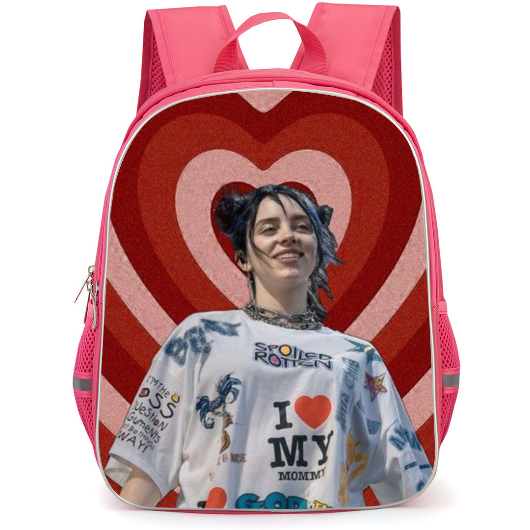 Billie Eilish Backpack StudentPack - Billie Eilish Wear Freak City T-Shirt And Standing Infront of Love Shape Background