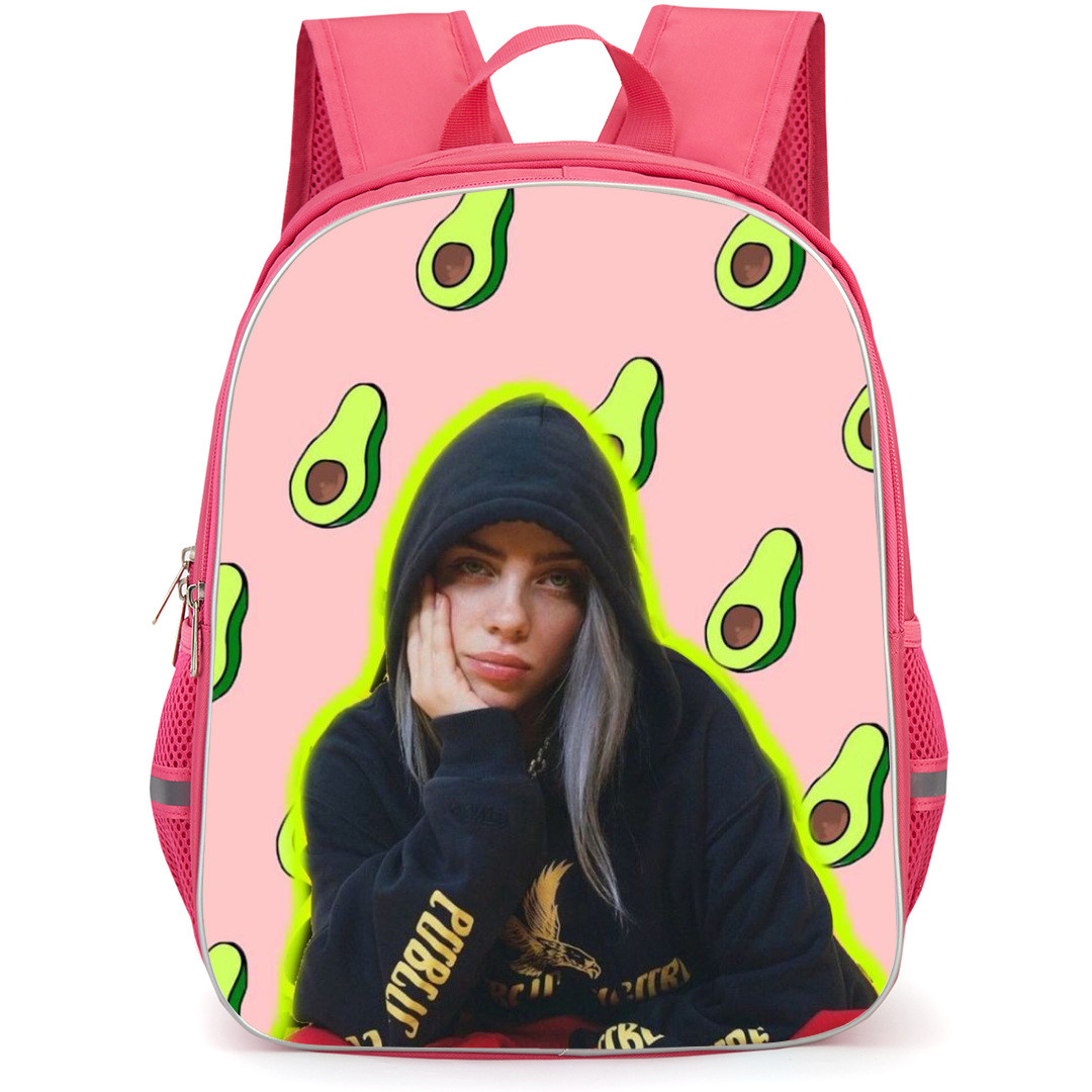 Billie Eilish Backpack StudentPack - Billie Eilish Wearing Hoodie And Sitting On Avocado Pattern Background