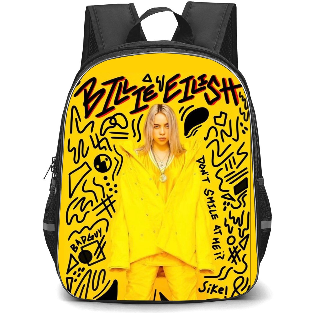 Billie Eilish Backpack StudentPack - Billie Eilish Wear Yellow Outfit And Standing On Yellow Background