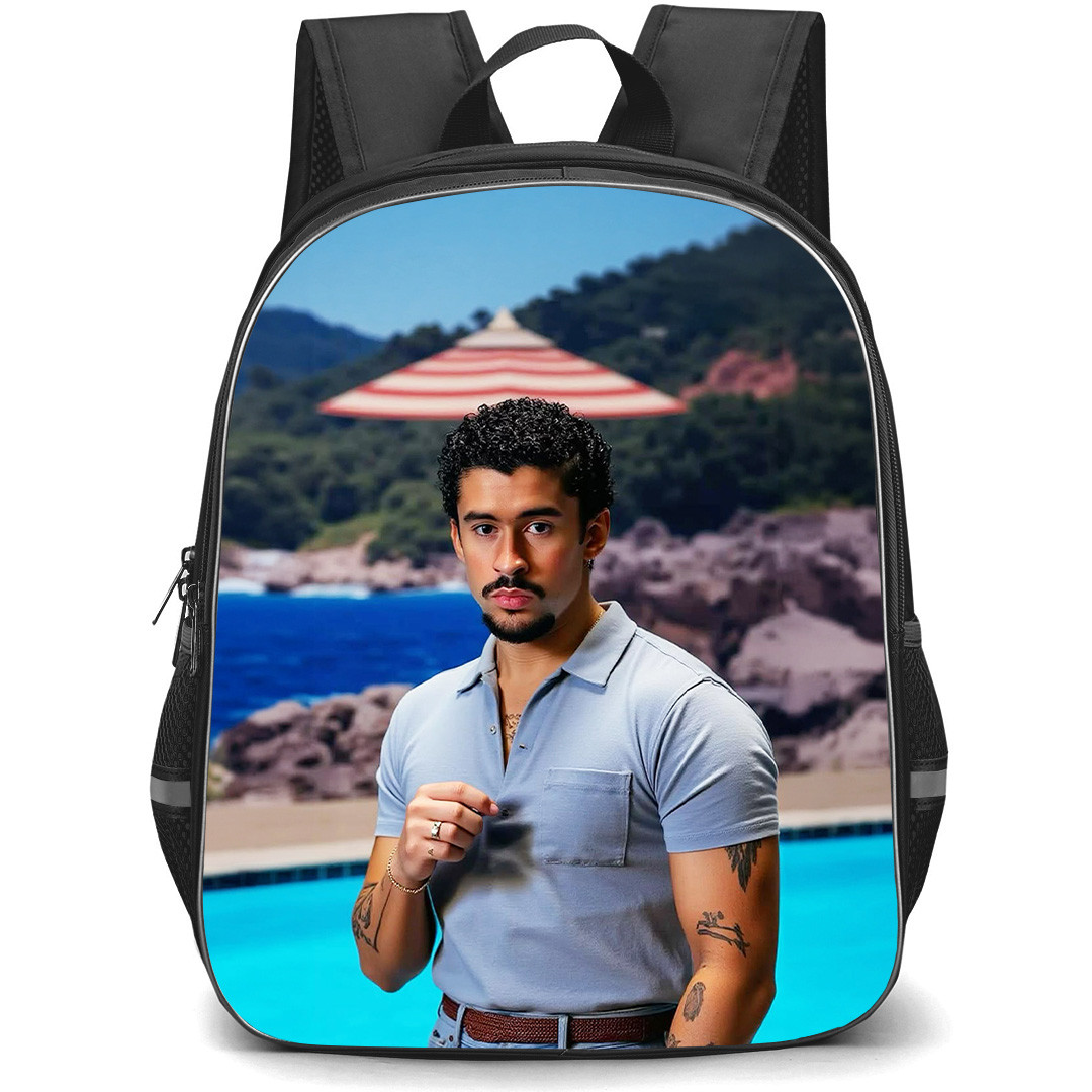 Bad Bunny Backpack School Bag StudentPack - Benito Antonio Mart?nez Ocasio Blue Polo Shirt Tropical Poolside Portrait