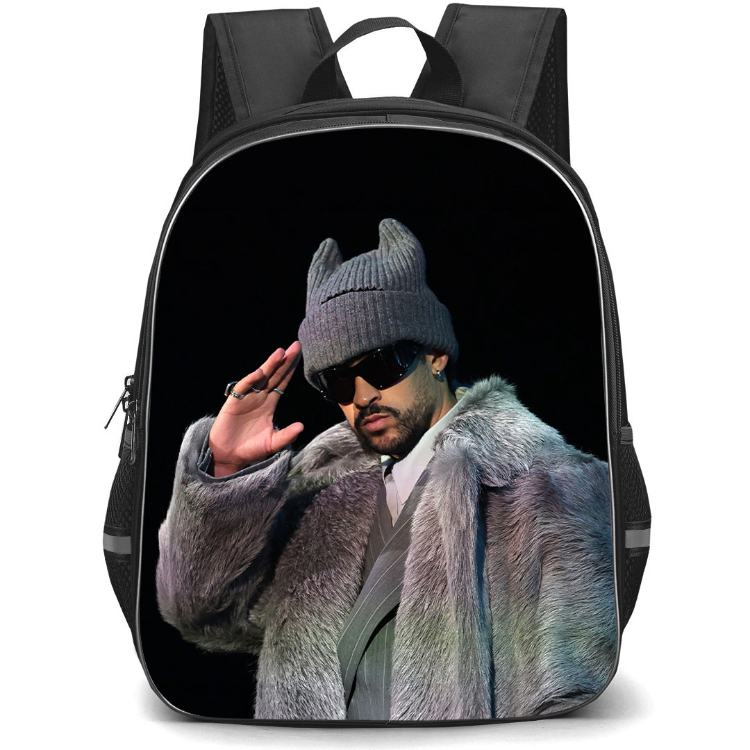 Bad Bunny Backpack School Bag StudentPack - Benito Antonio Mart?nez Ocasio Light Blue Shirt Wood Background Portrait