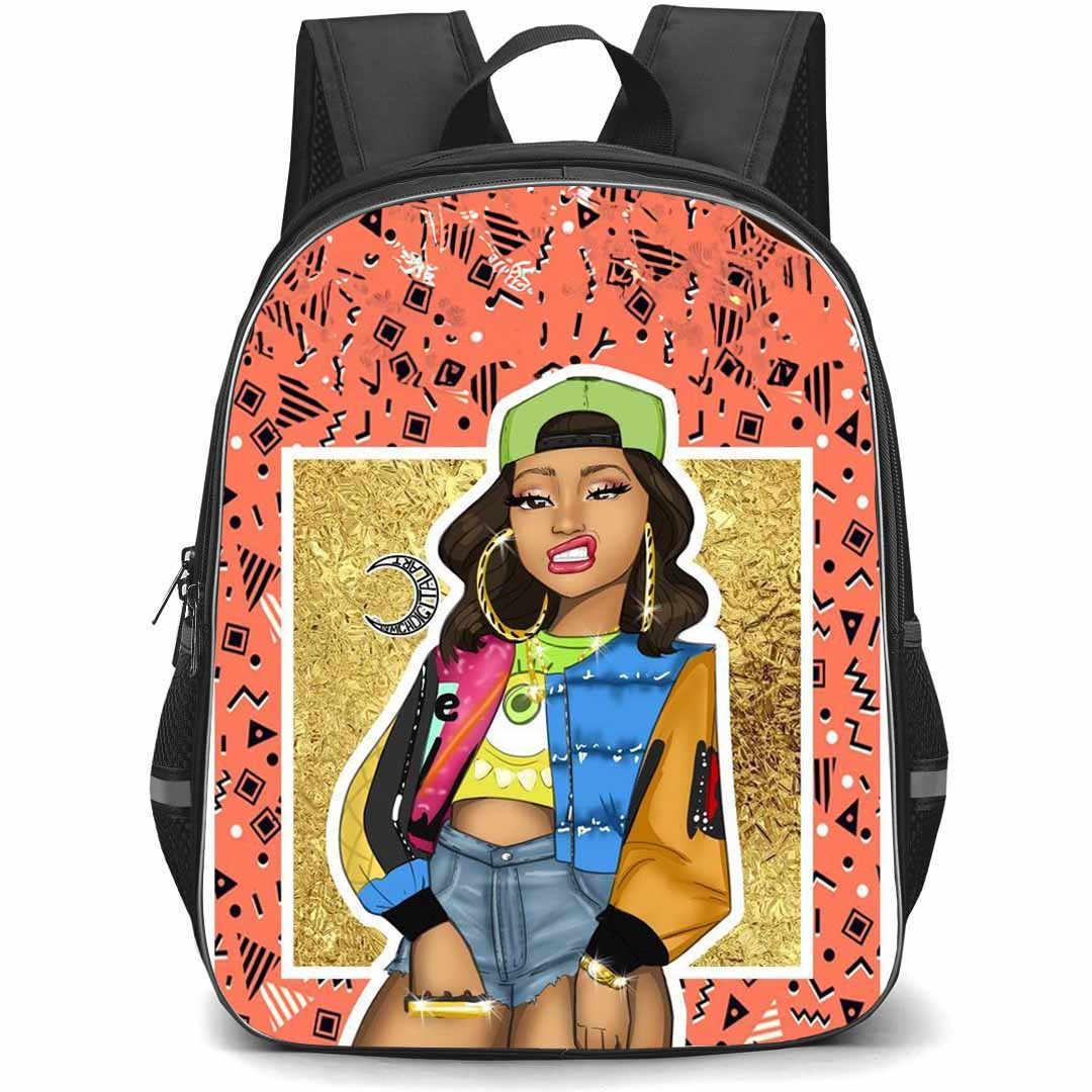 Cardi B Backpack StudentPack - Cardi B Standing Cartoon Art On Glitter Gold Background
