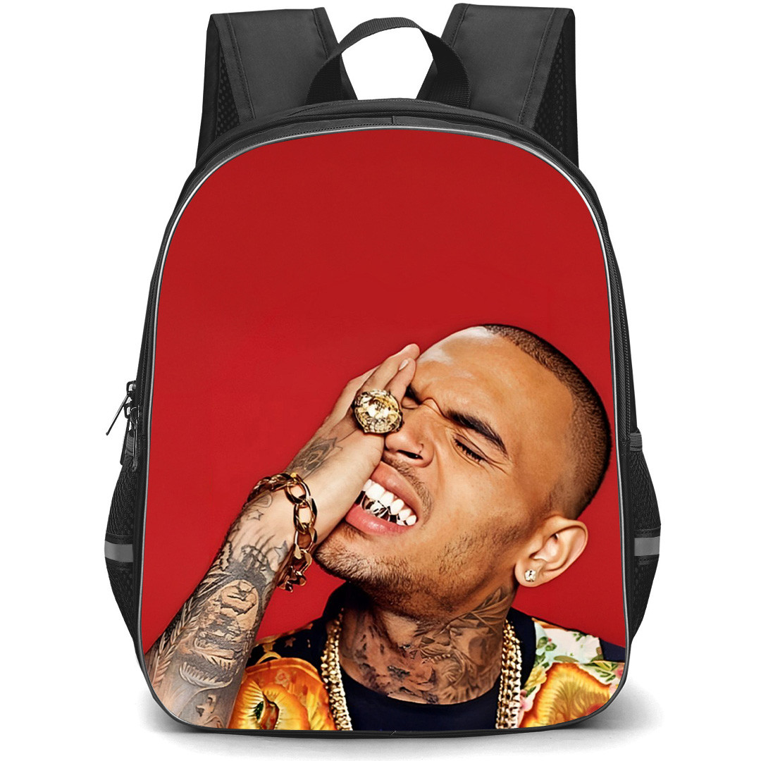 Chris Brown Backpack School Bag StudentPack - Chris Brown Hand On Face with Red Background