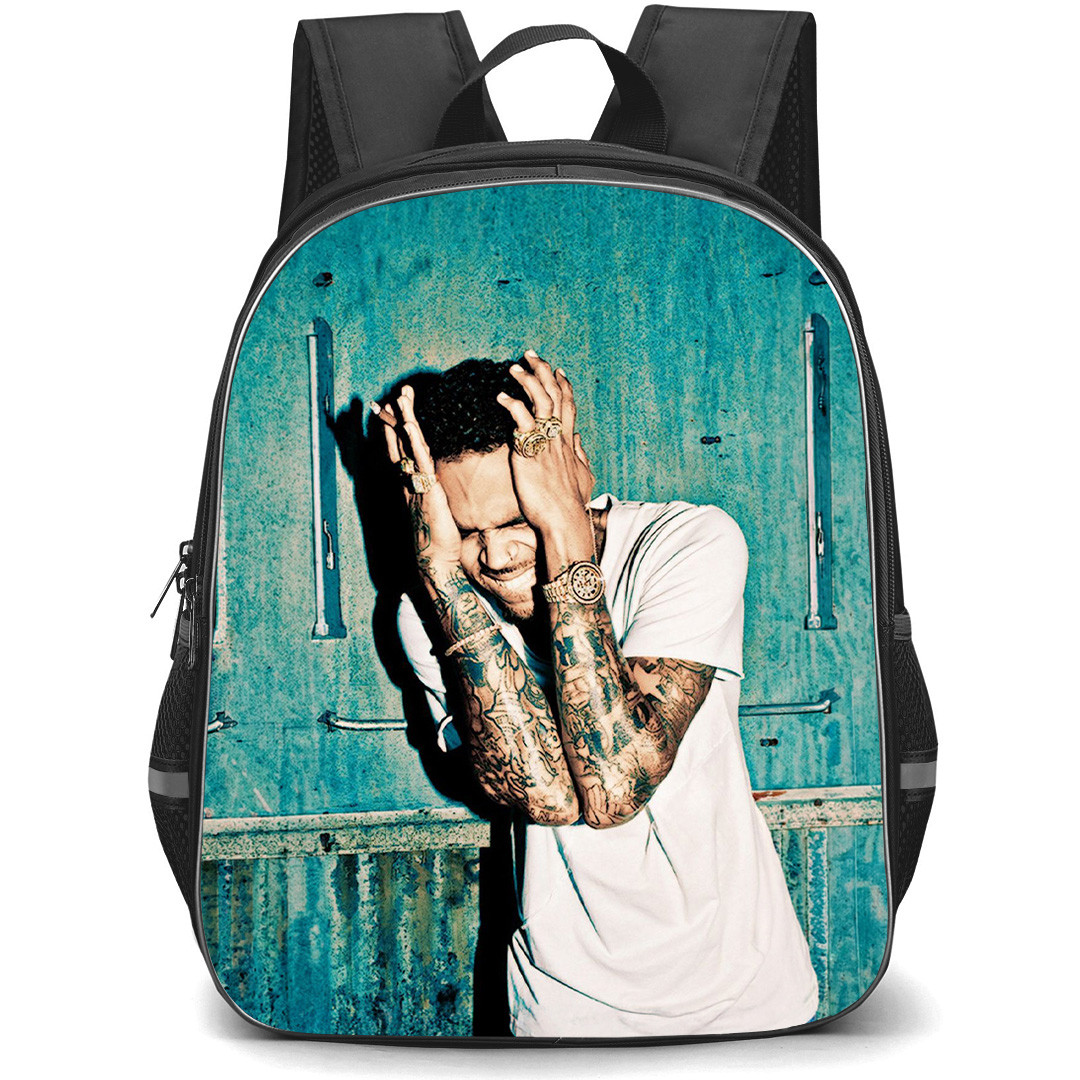 Chris Brown Backpack School Bag StudentPack - Chris Brown Hands Holding Head With Green Background