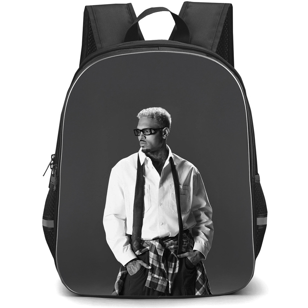 Chris Brown Backpack School Bag StudentPack - Chris Brown Mono Tone Looking Side Grey Background