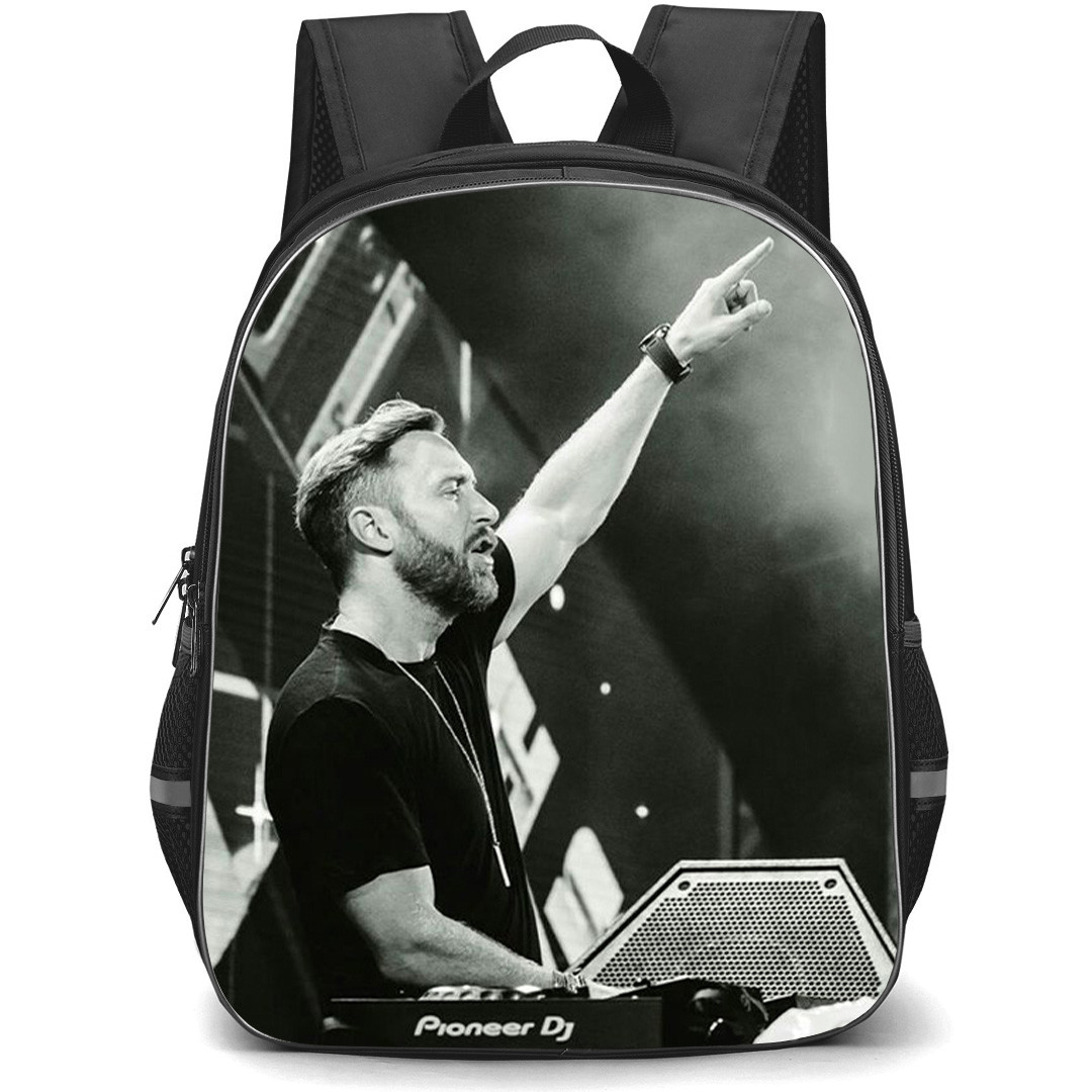 David Guetta Backpack School Bag StudentPack - David Guetta Raises Up Hand At DJ Station Grayscale Poster