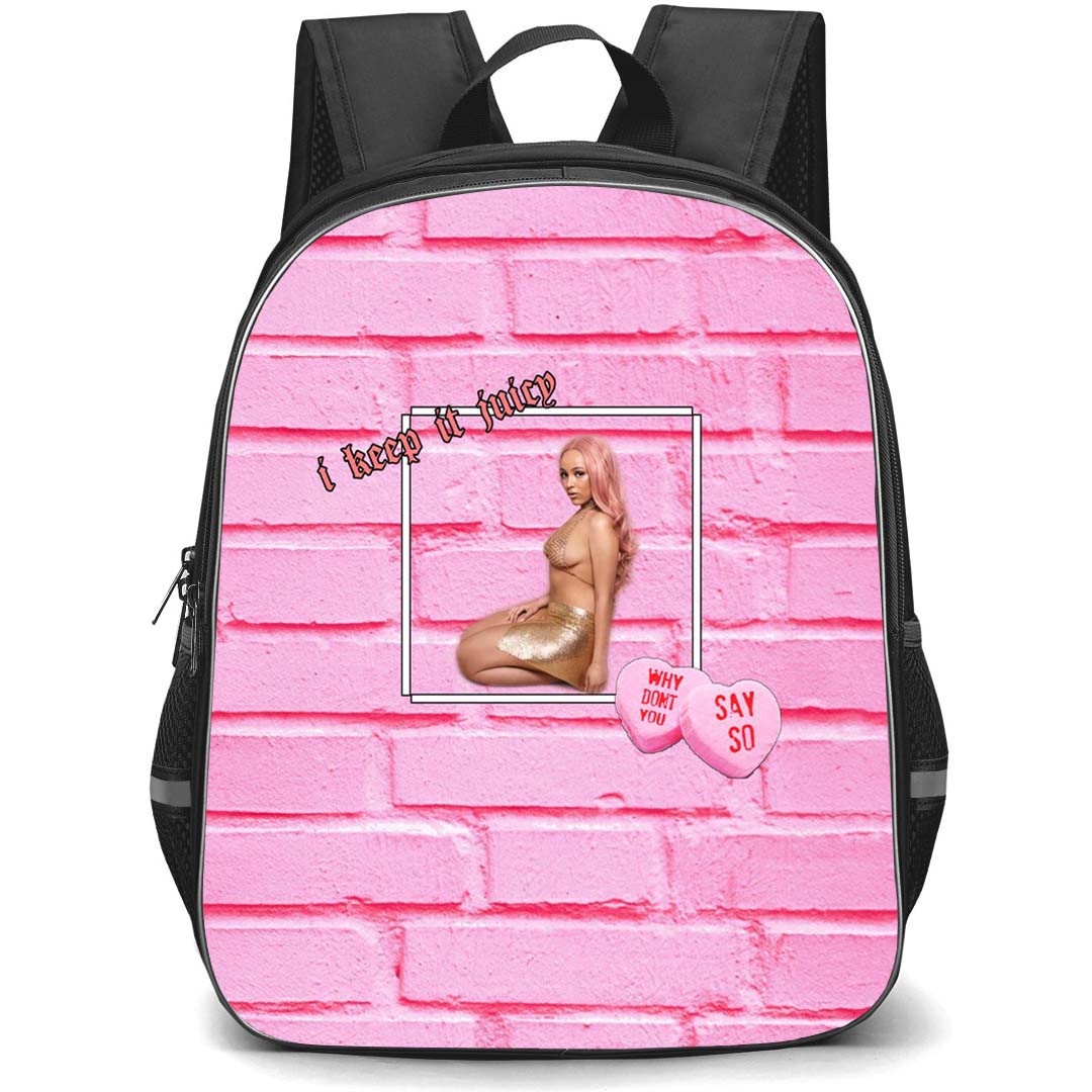 Doja Cat Backpack StudentPack - Doja Cat I keep It Juicy Sitting On Pink Wall Background