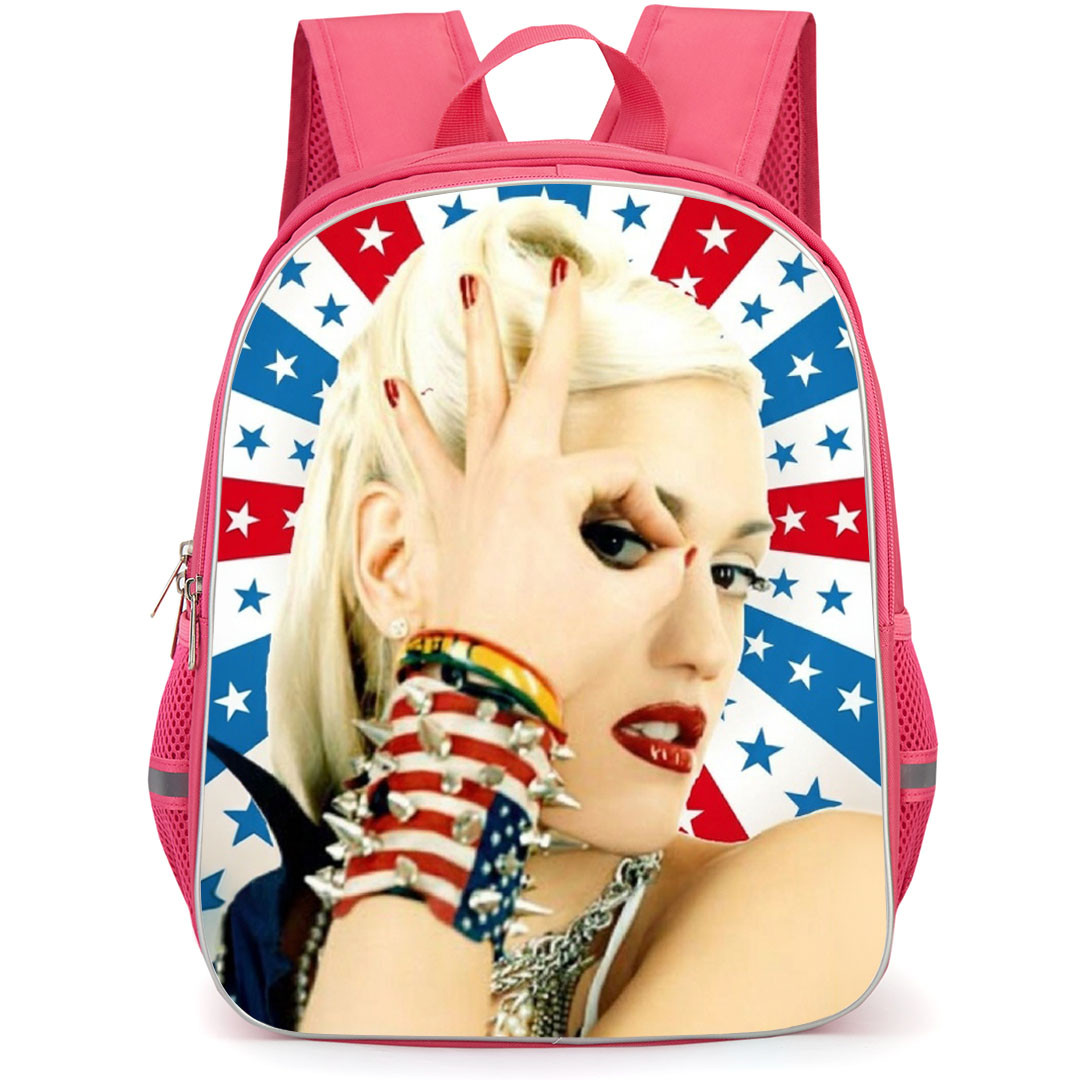 Gwen Stefani Backpack School Bag StudentPack - Gwen Stefani Side Portrait Blue Red White Stripes Background