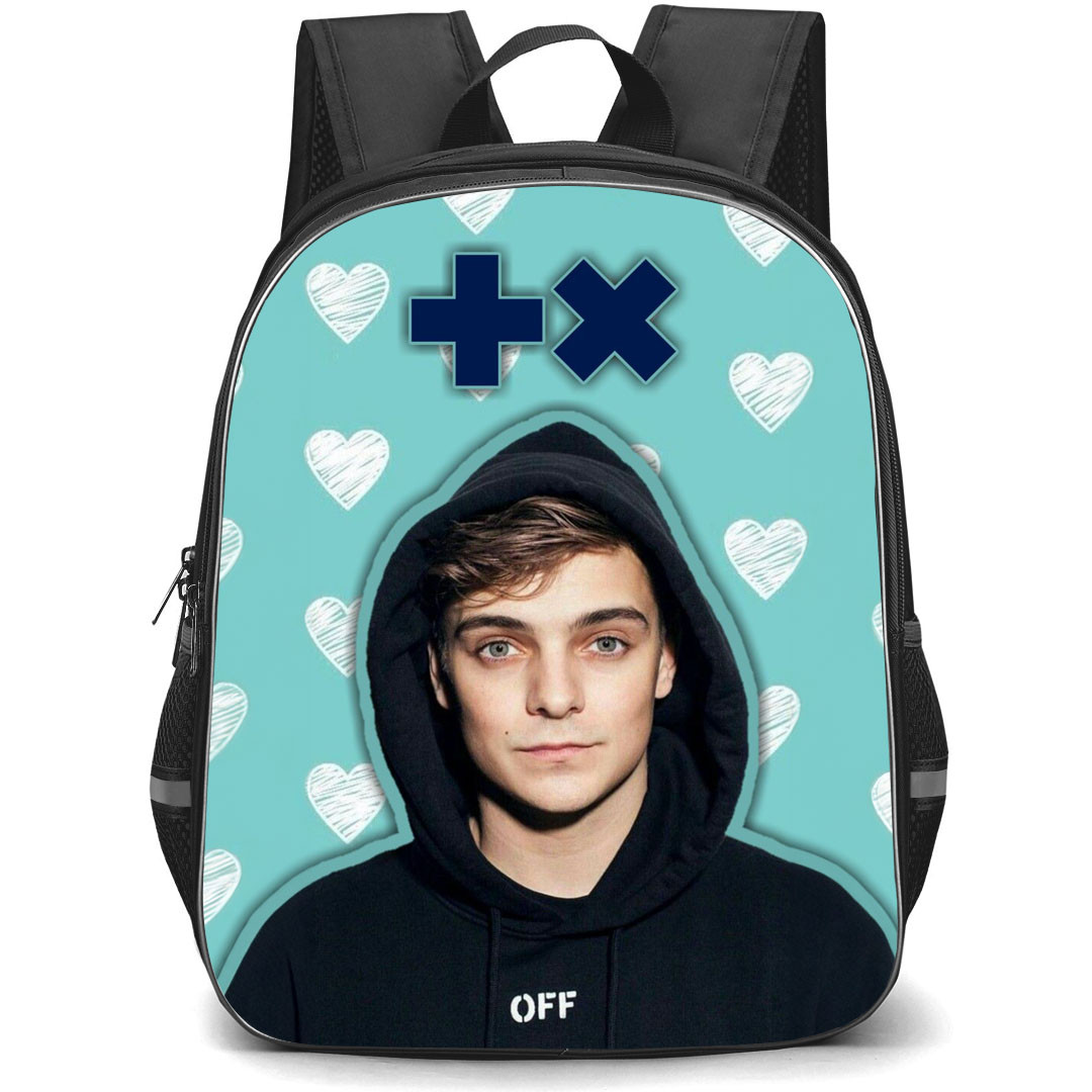 Martin Garrix Backpack StudentPack - Martin Garrix Portrait On Heart Pattern Art Cyan Background