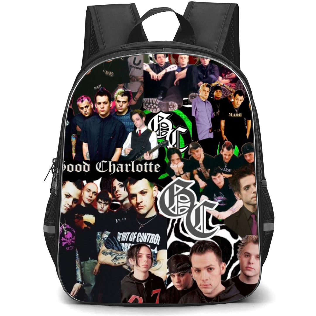 Good Charlotte Backpack School Bag StudentPack - Good Charlotte Members Collage Black Logo Background