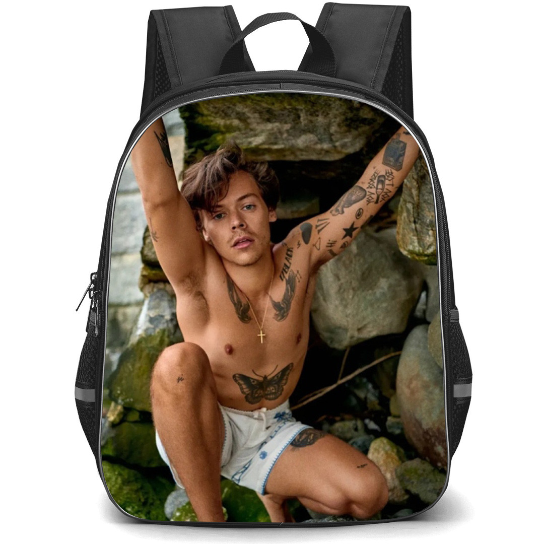 Harry Styles Backpack School Bag StudentPack - Harry Styles Crouching Pose Rocks Background