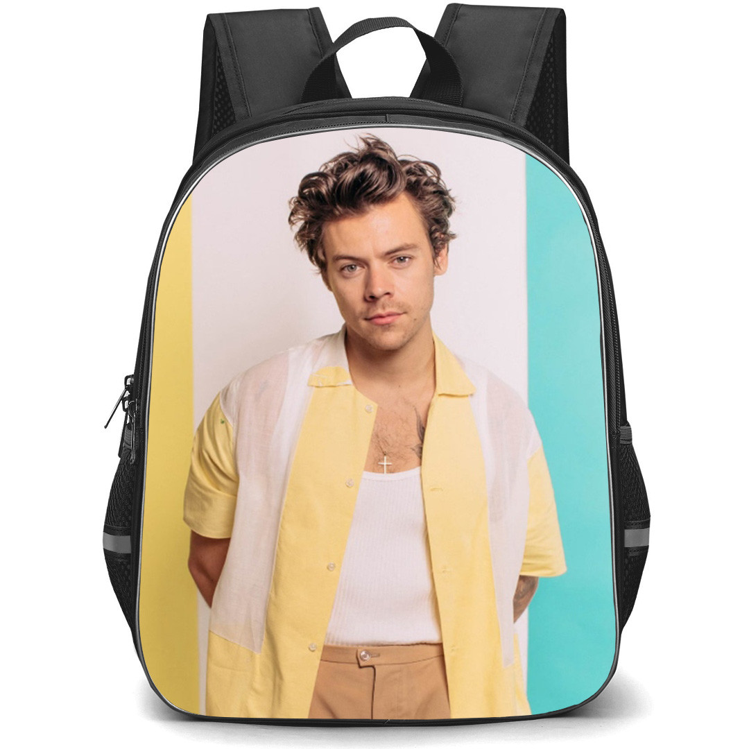 Harry Styles Backpack School Bag StudentPack - Harry Styles Portrait Yellow White Blue Stripes Background