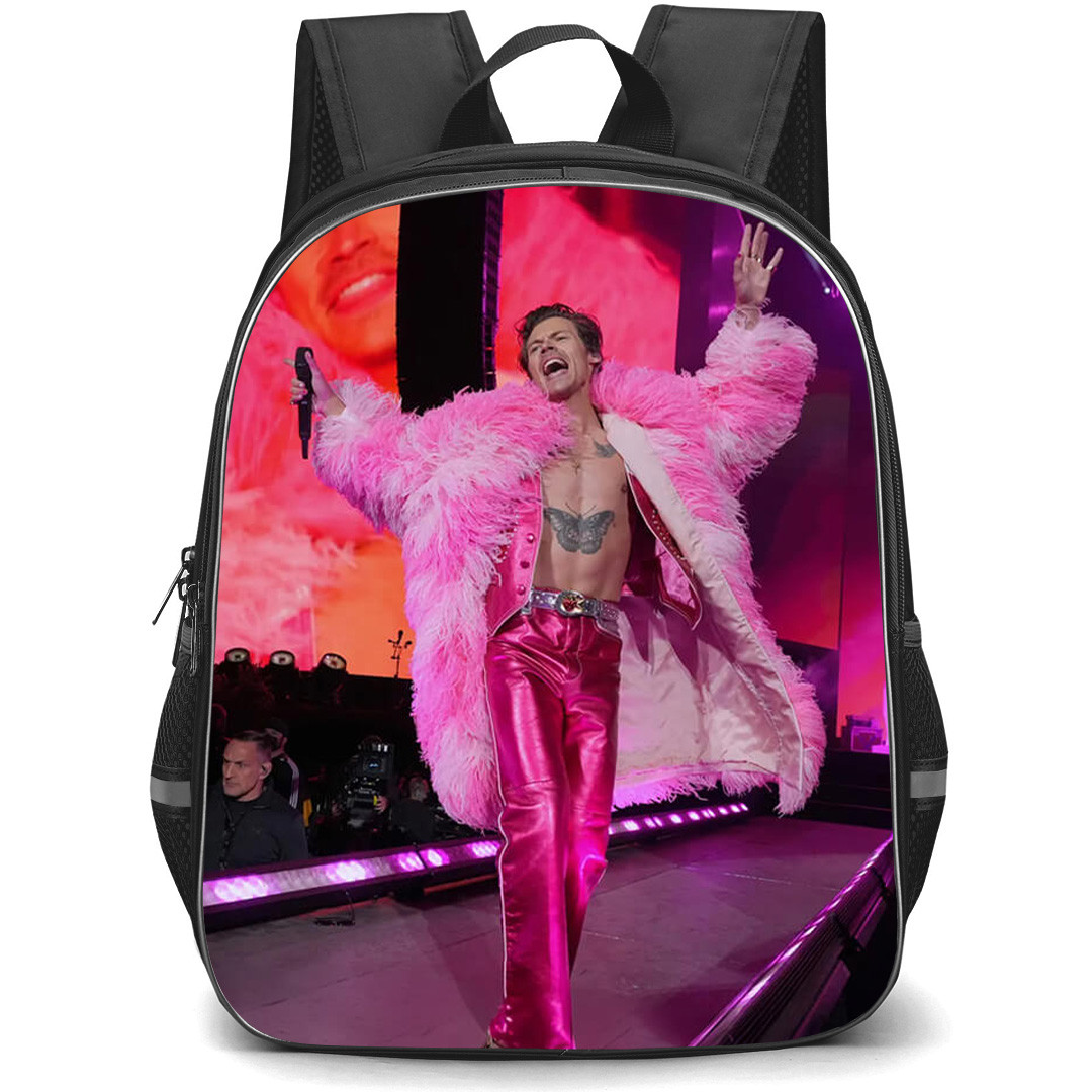Harry Styles Backpack School Bag StudentPack - Harry Styles On Stage Wearing Pink Fur Portrait