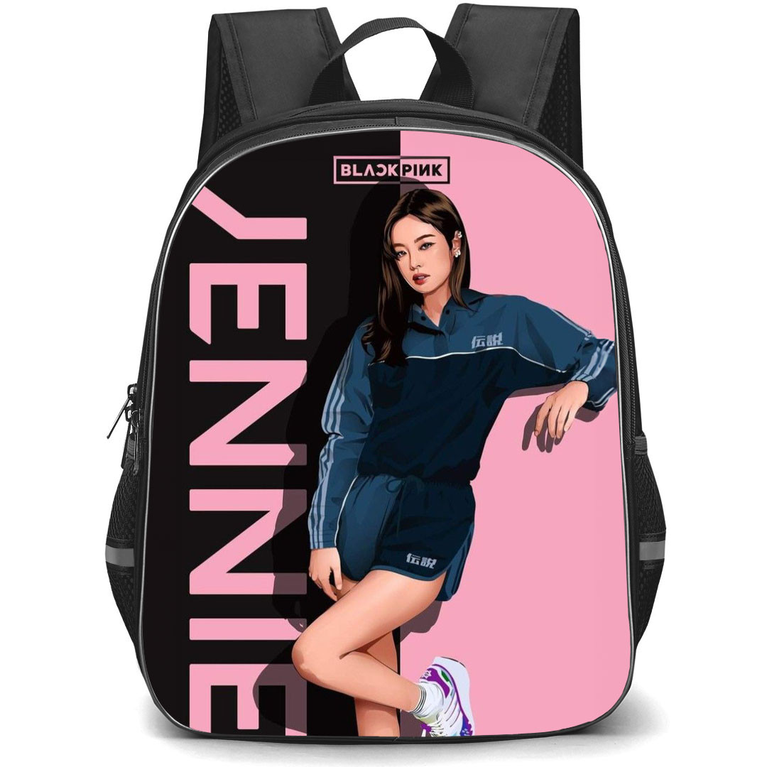 Jennie Kim Backpack StudentPack - Jennie Kim BlackPink Cartoon Standing On Pink Black Background