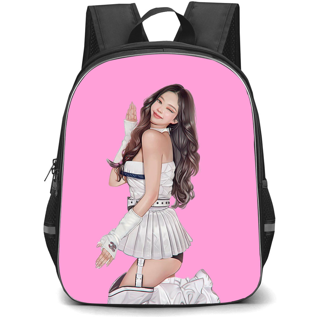 Jennie Kim Backpack StudentPack - Jennie Kim Side Portrait Cartoon Art On Pink Background