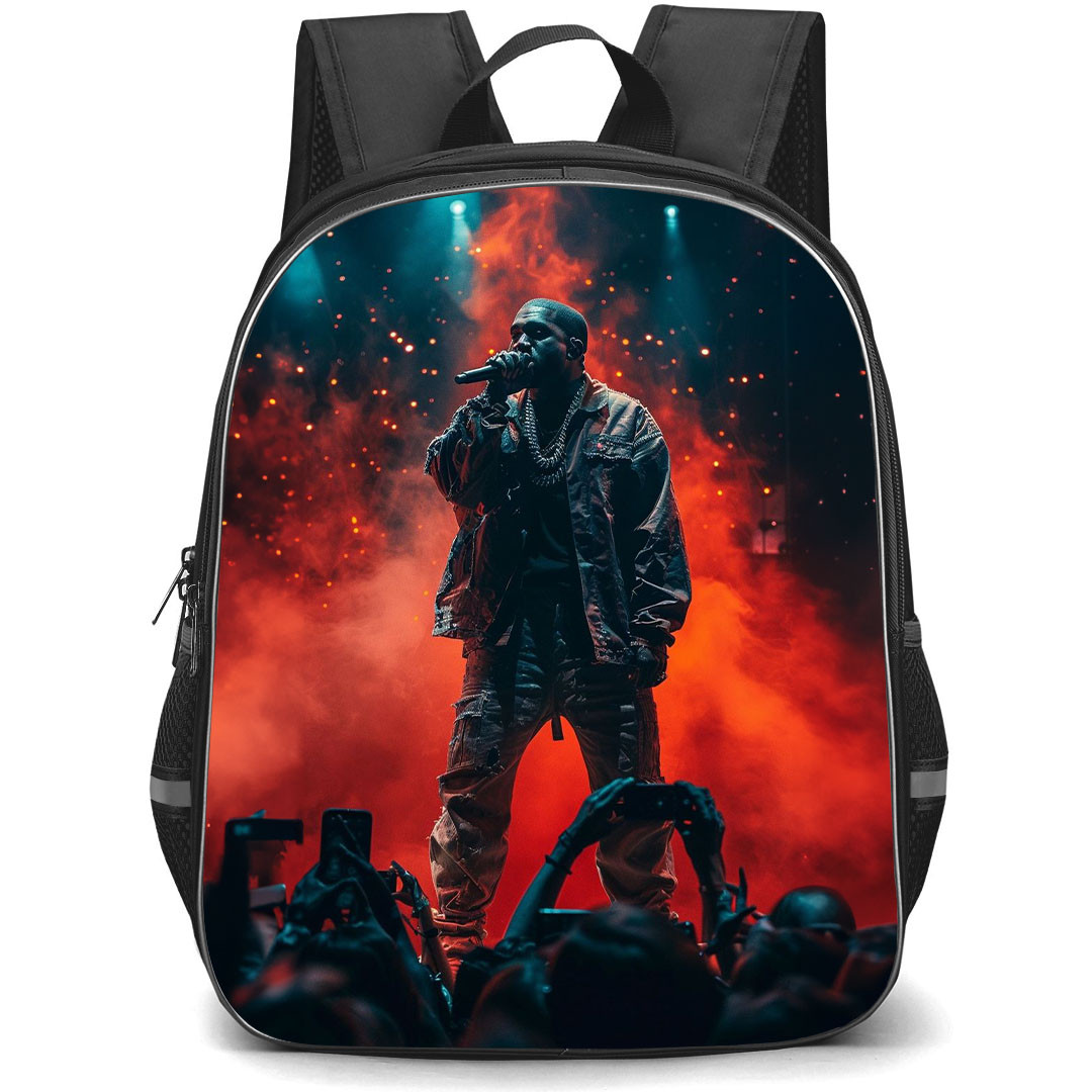 Kanye West Backpack StudentPack - Kanye West Singing On Stage Red Smoke Background