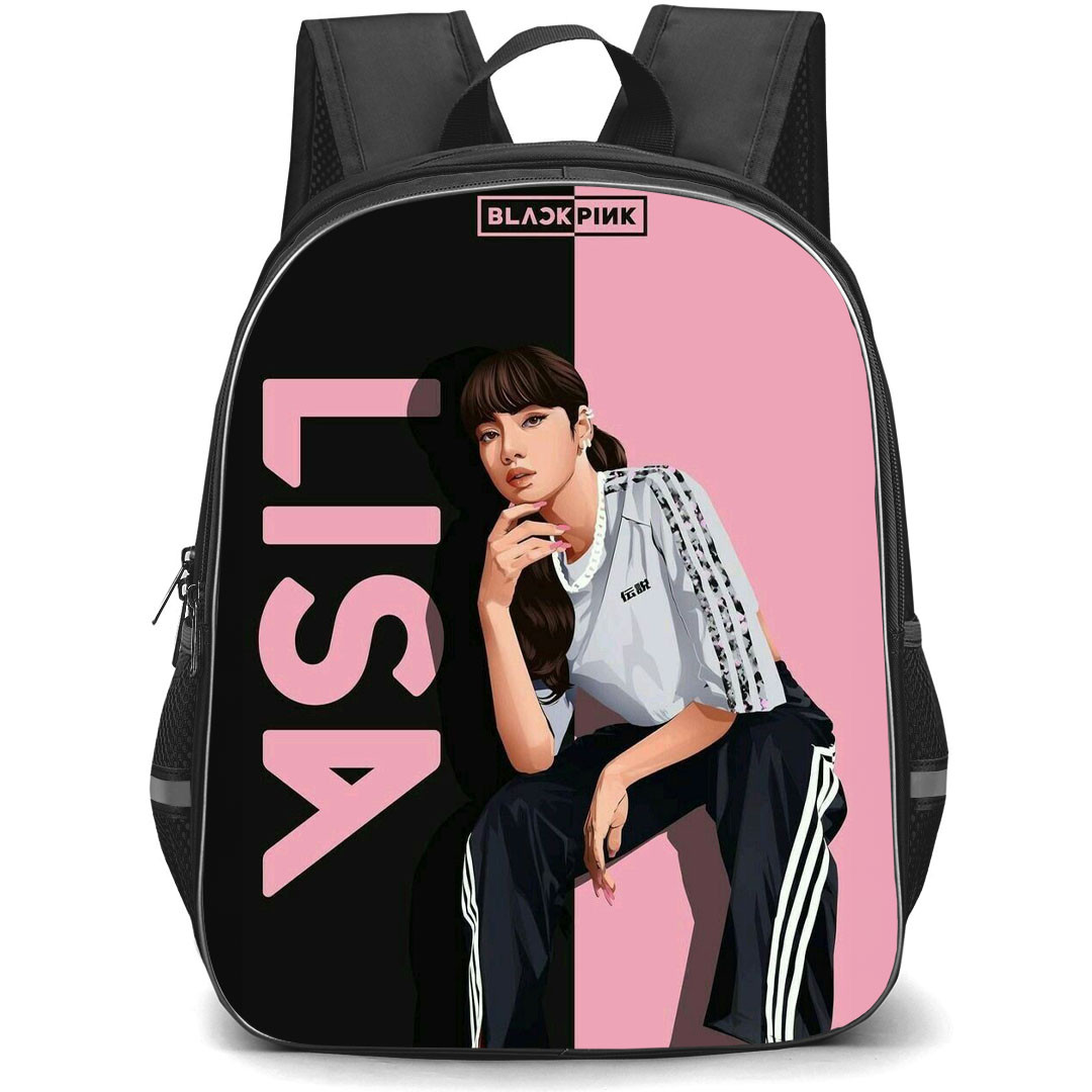 Lisa Backpack StudentPack - Lisa BlackPink Cartoon Sitting On Black Pink Background