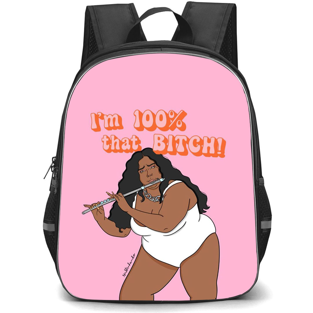 Lizzo Backpack StudentPack - Lizzo I Am 100 Percent That Bitch Cartoon Art On Pink Background