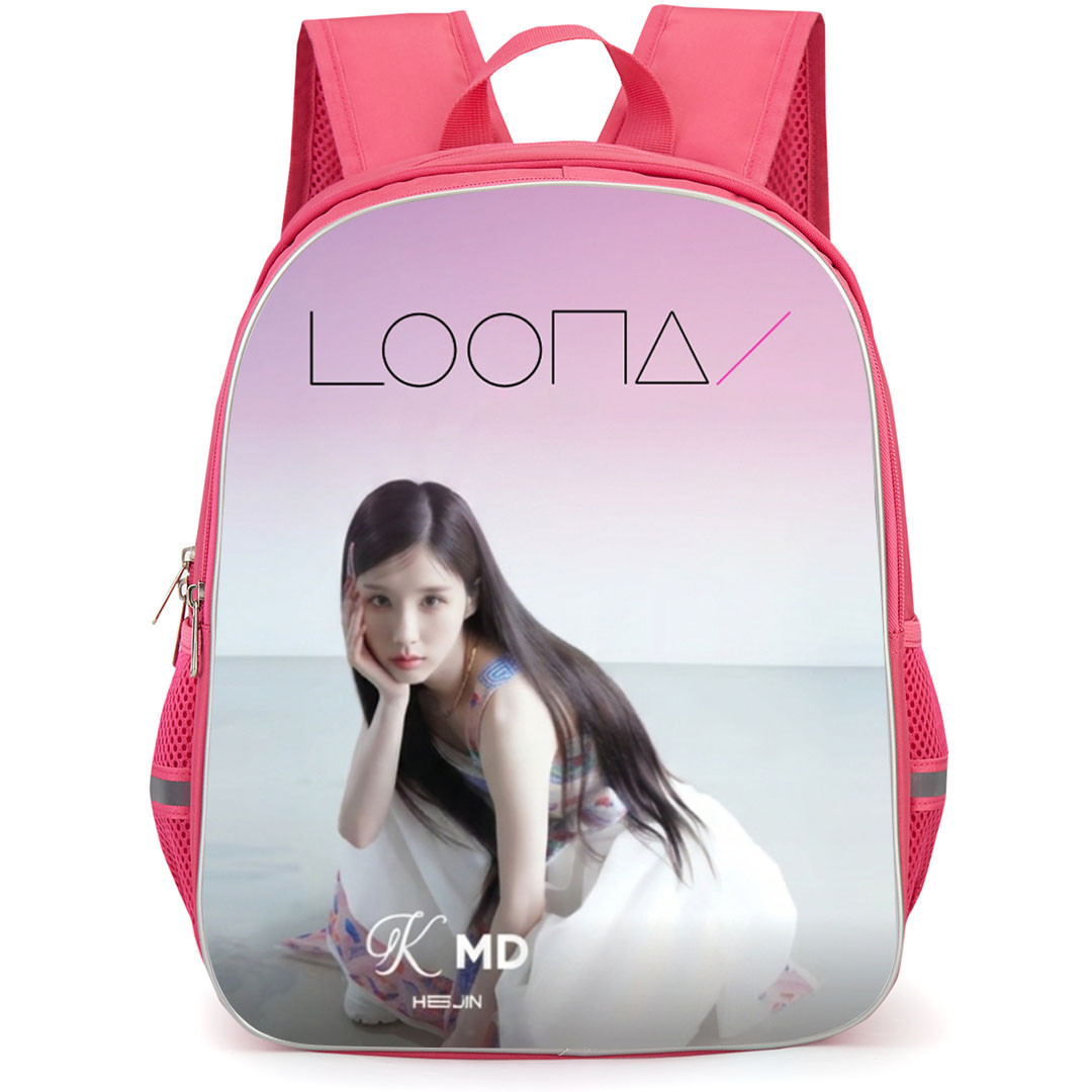 Loona Backpack School Bag StudentPack - Loona Heejin Squatting Pink Background