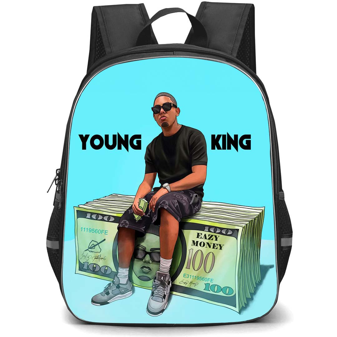 Myke Towers Backpack StudentPack - Myke Towers Young King Sitting On Money Illustration Art