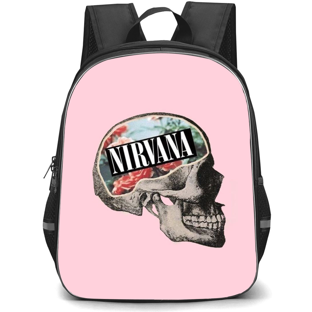 Nirvana Backpack StudentPack - Nirvana Grey Skull On Pink Background