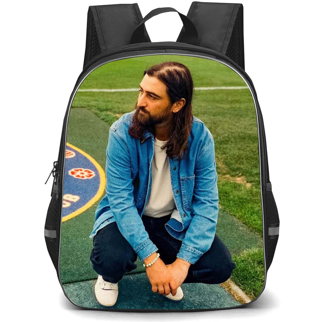 Noah Kahan Backpack School Bag StudentPack - Noah Kahan Sitting Pose Chelsea Logo Background