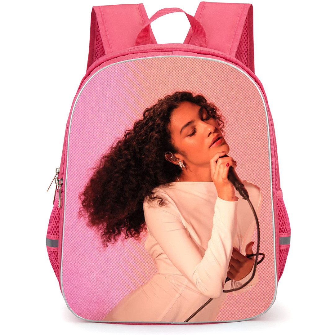 Olivia Dean Backpack School Bag StudentPack - Olivia Dean In White Dress Holding Mic with Peach Background